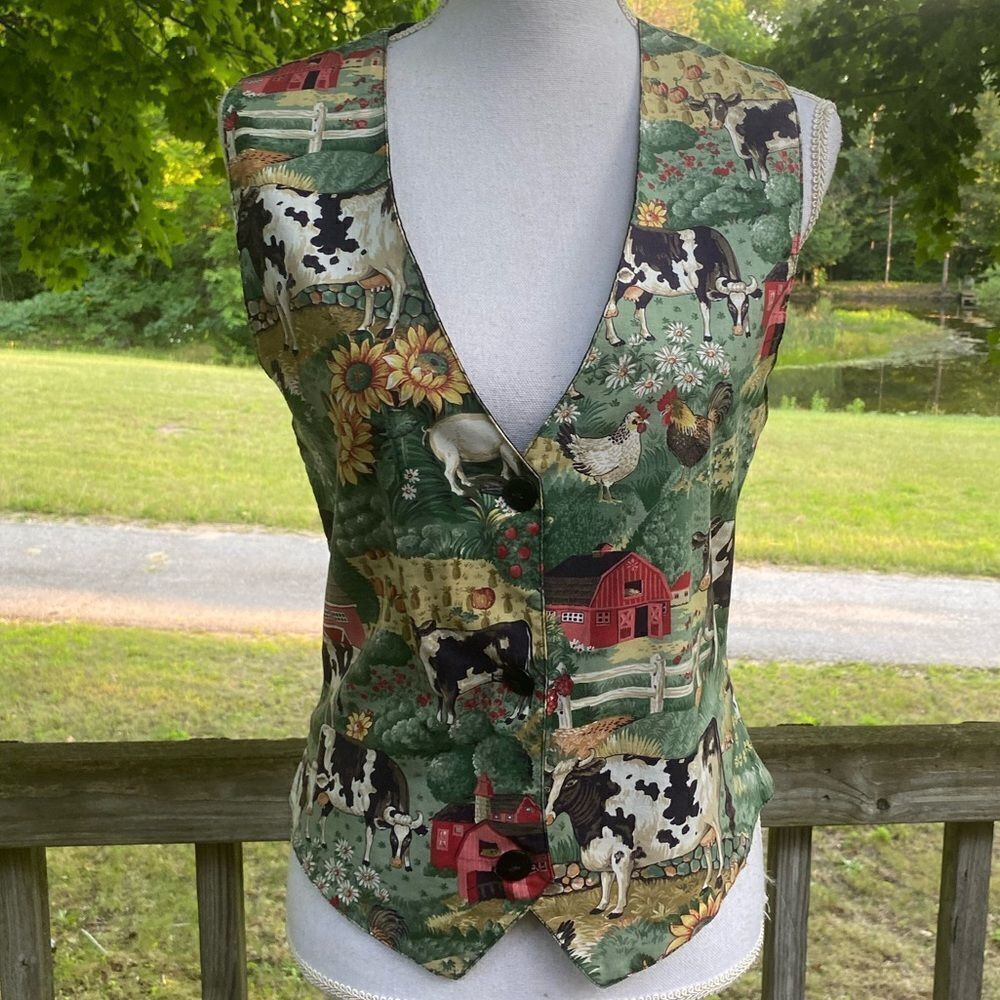 Linda Tilson Wm’s Sz Small Cotton Barnyard Farm Cows Pigs Design Vest Vintage